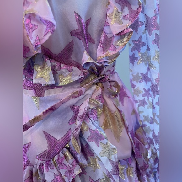 LoveShackFancy - Findlay Long Sleeve Ruffle Wrap Mini Dress Purple Metallic Star - Picture 7 of 12